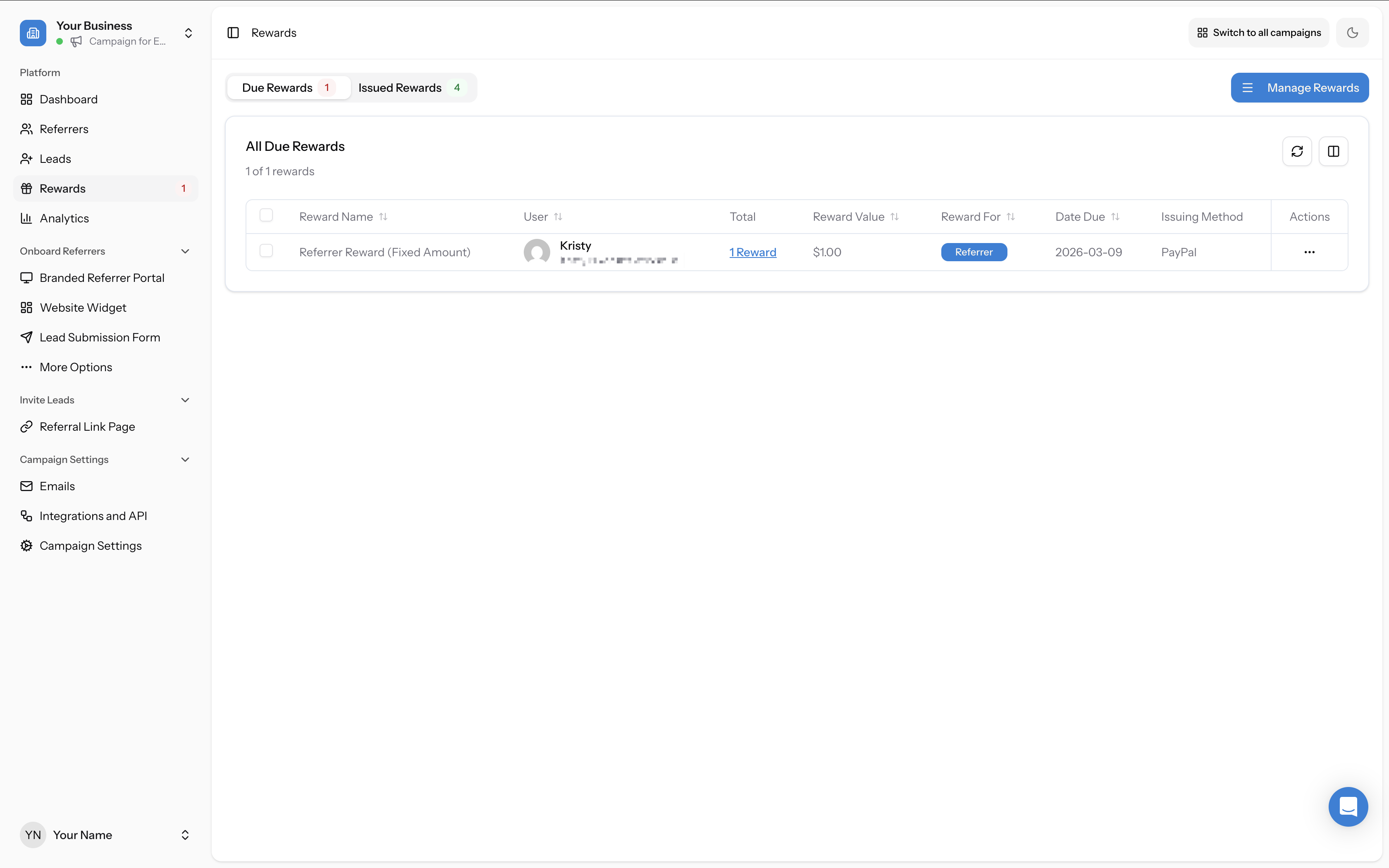 Due Rewards tab showing a pending reward with PayPal as the issuing method, including Reward Name, User, Total, Reward Value, Reward For, Date Due, and Issuing Method columns