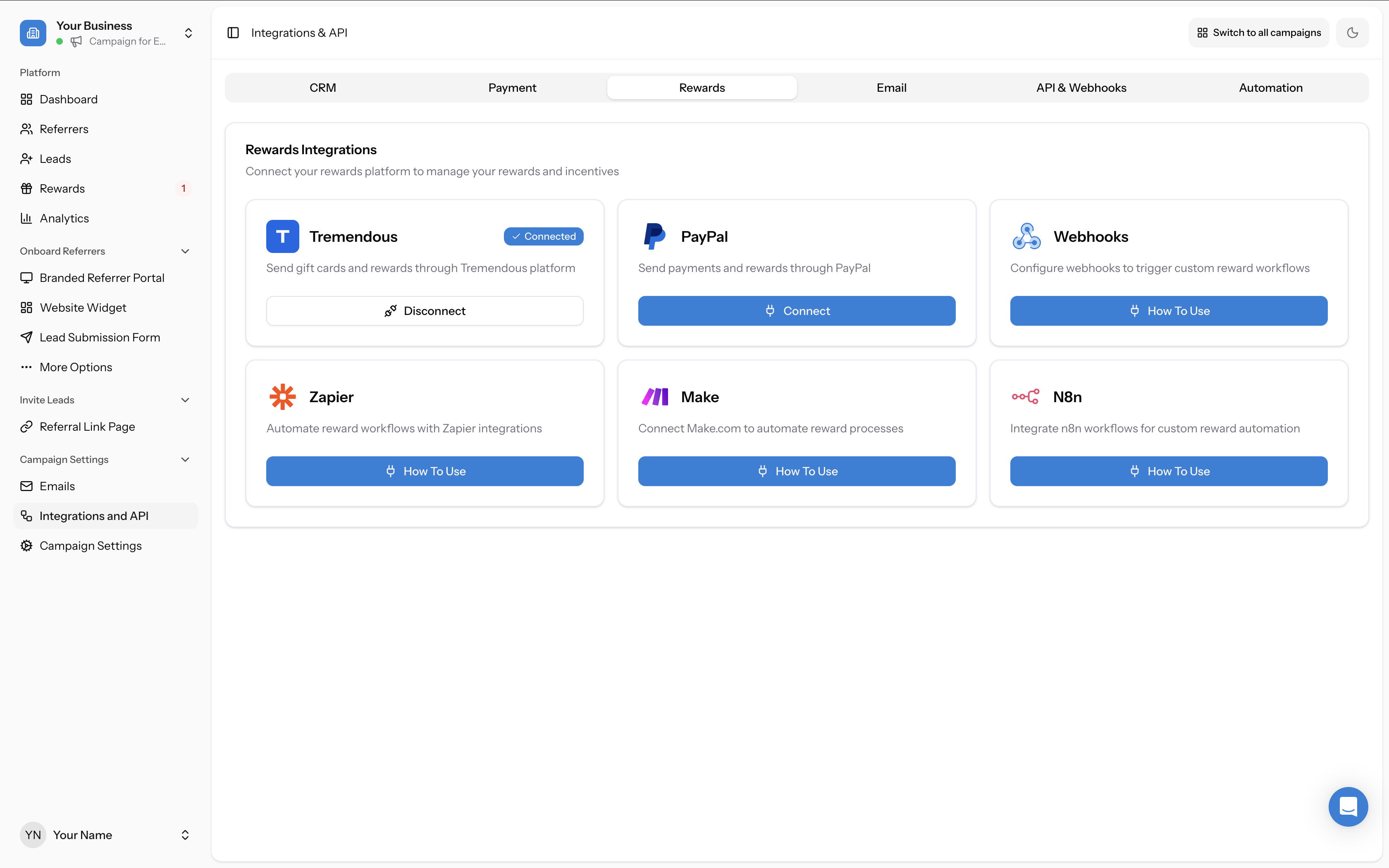 Rewards tab in Integrations & API showing Tremendous with "Connected" badge and Disconnect button