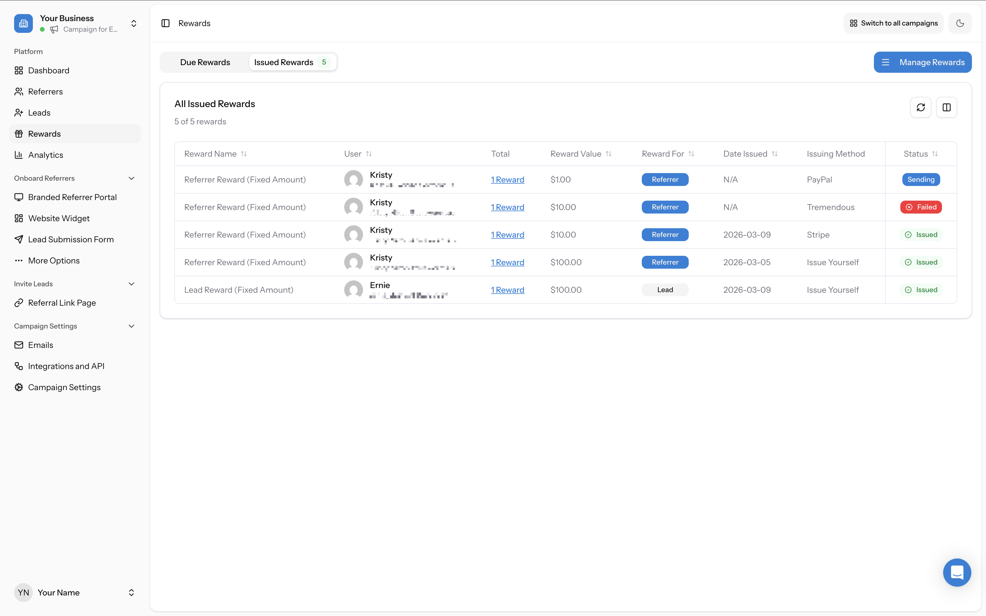 Issued Rewards tab showing rewards with different statuses including "Sending", "Failed", and "Issued"