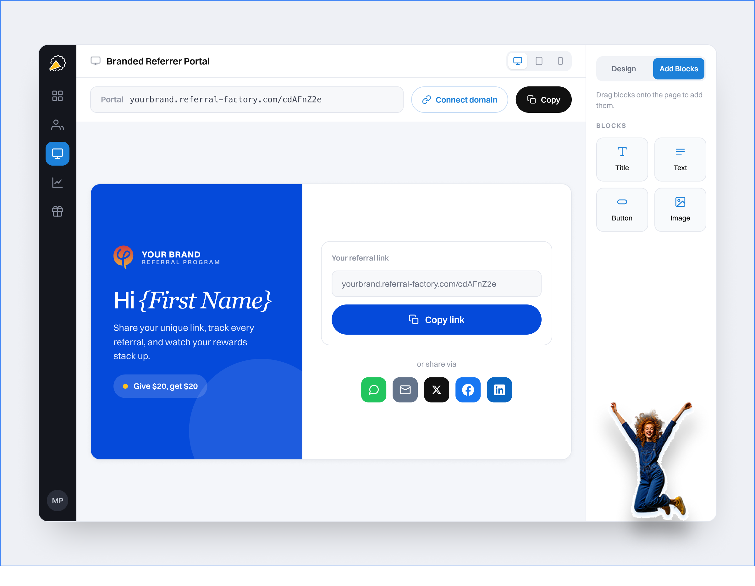 Referral Factory branded referrer portal builder interface