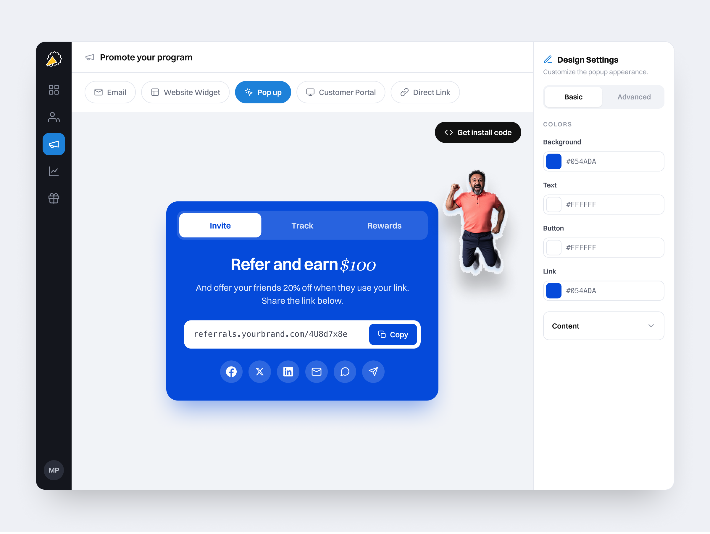 Referral Factory program promotion popup and design settings interface